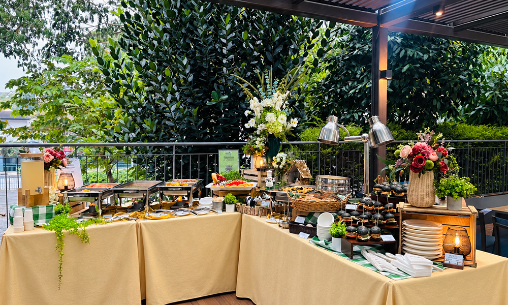 Elegant garden buffet at dusk